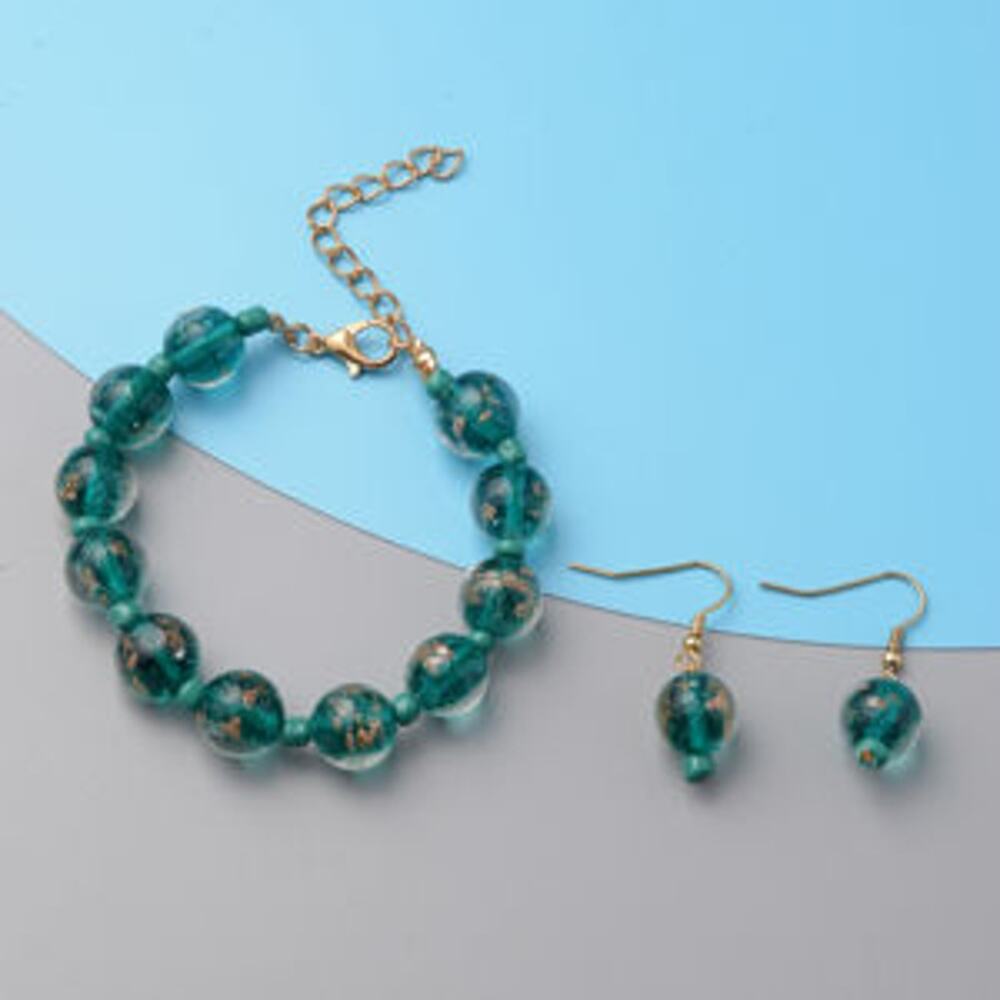 NWOT Green Colored Glass Adjustable Bracelet and Earrings in Goldtone